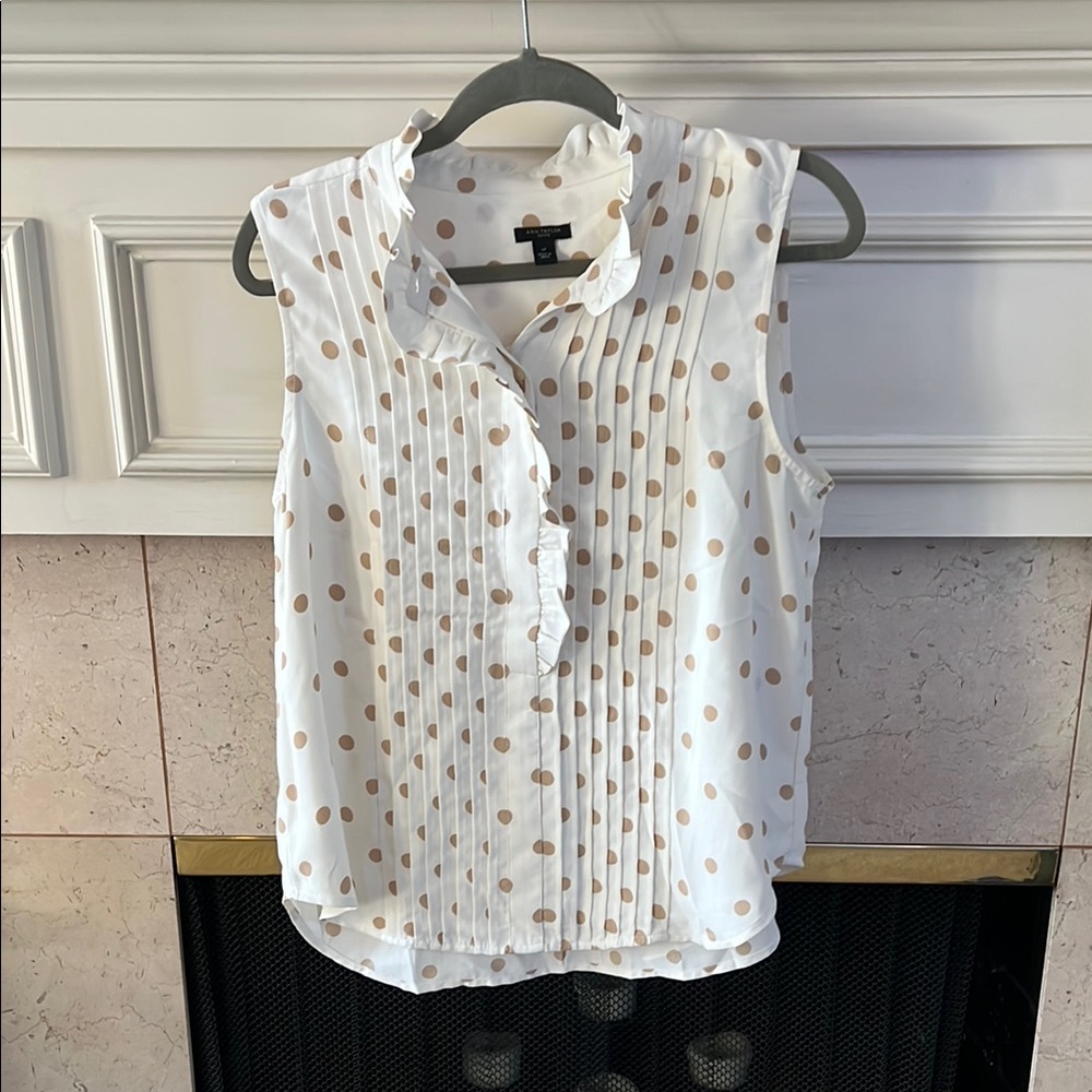 Ann Taylor Ruffled Polka Dot Blouse - White and Tan